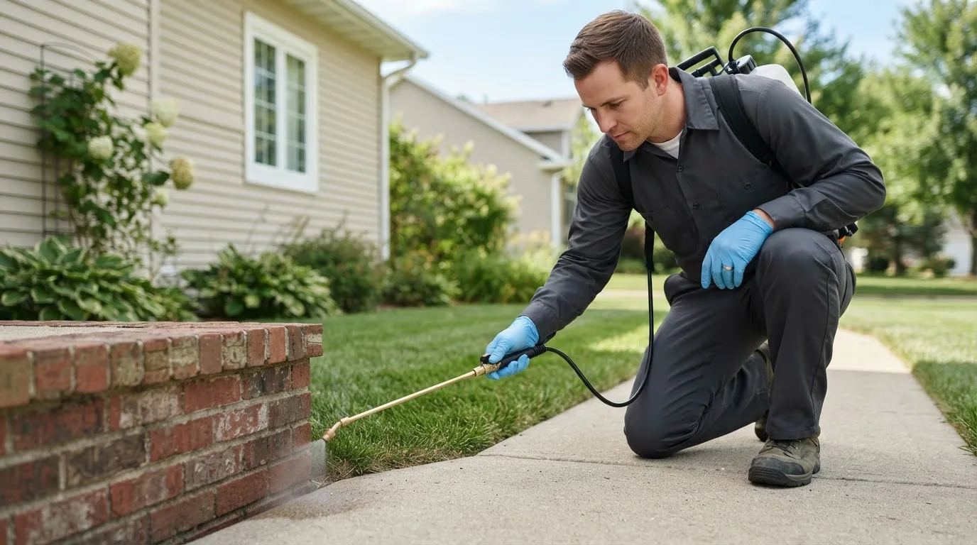 Pest control technician treating a home near Helenville, WI