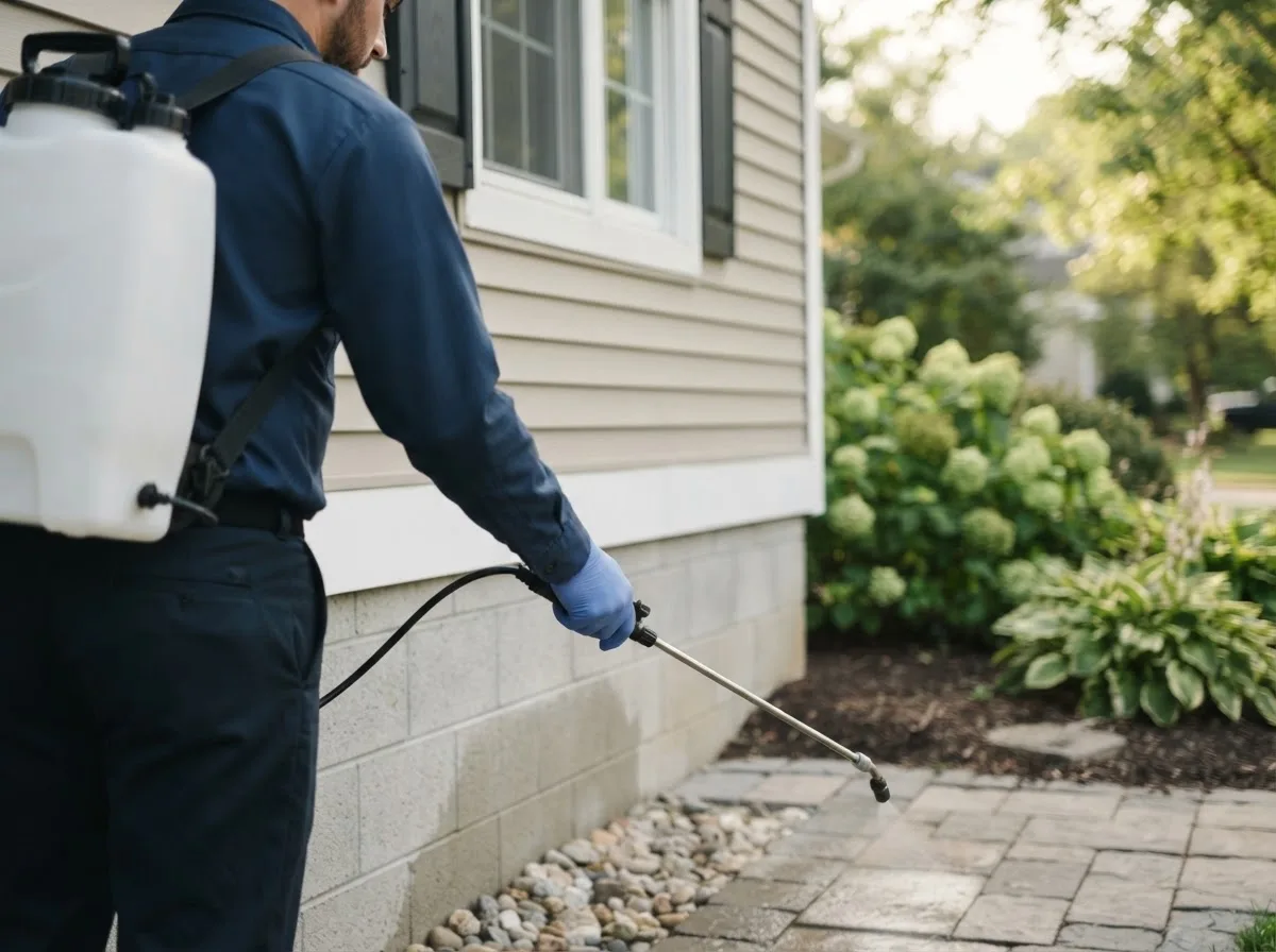 Pest control technician inspecting a home in Helenville, WI